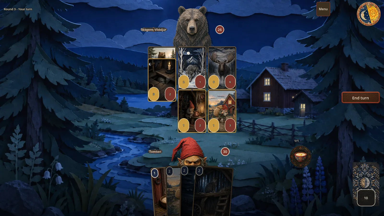 The same battle at night: windows lit, night creatures waking